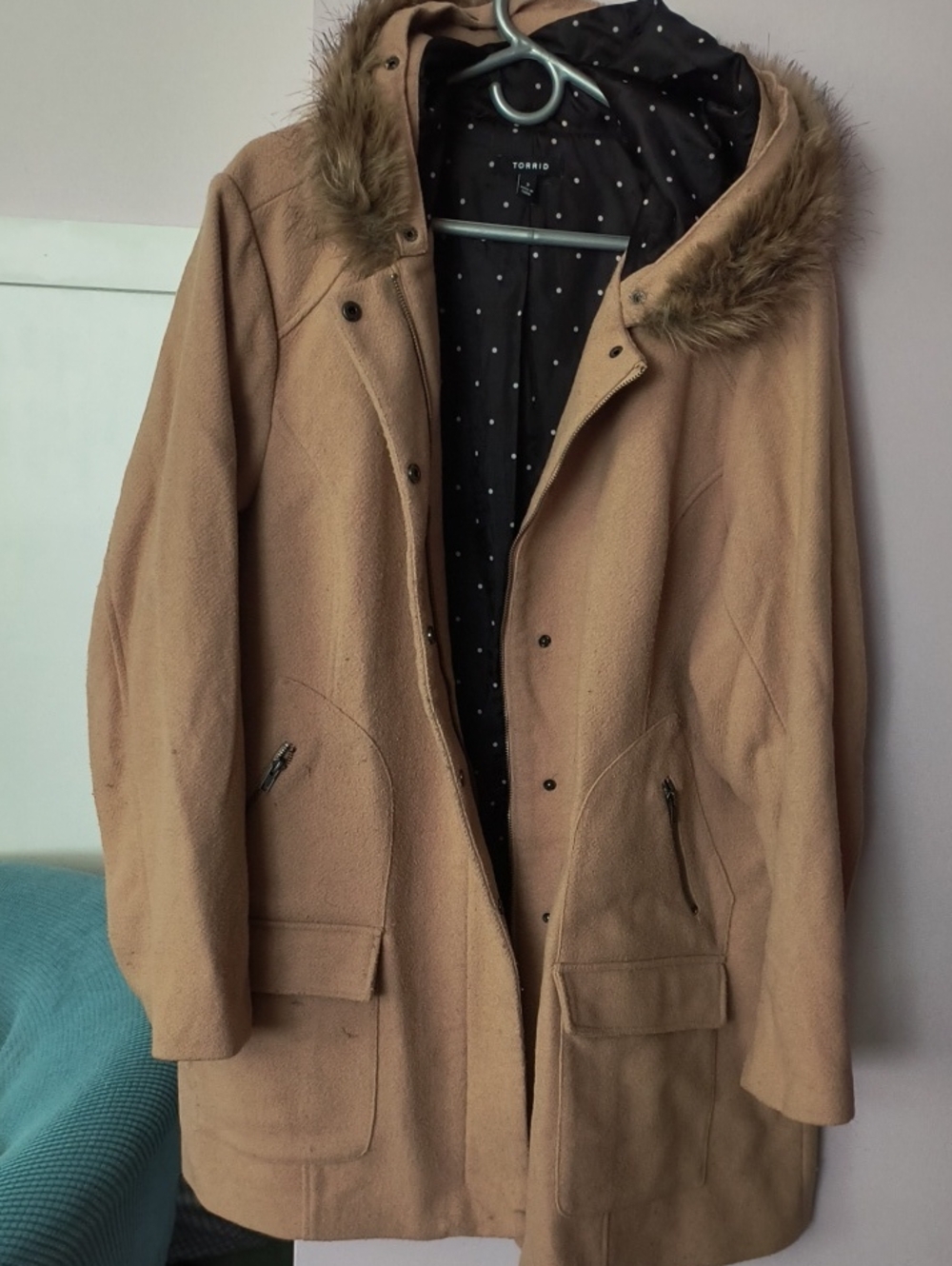 Torrid Women's Camel Hooded Wool-Blend Coat with Faux Fur Trim